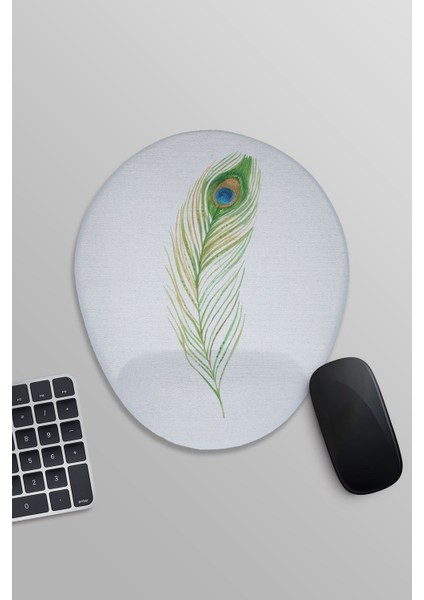 Tavus Kuşu Tüyü Baskılı Oval Bilek Destekli Mousepad