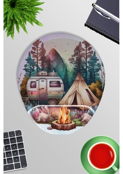Kamp Temalı Baskılı Oyuncu Gaming Oval Bilek Destekli Mousepad