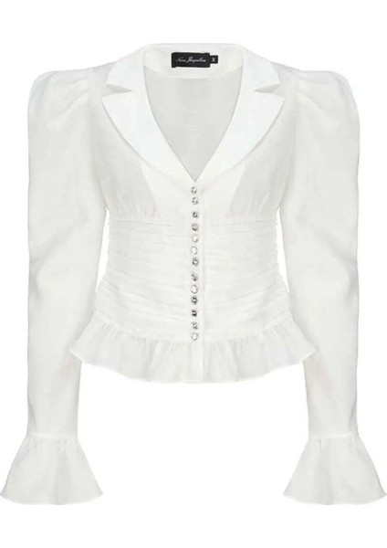 Lüks Emilia Top: V-Yaka, Portföy Detaylı ve Inci Düğmeli Şıklık