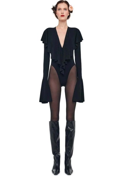 Uzun Kollu Derin V Yaka Ruffle Bodysuit - Şık ve Rahat Tasarım