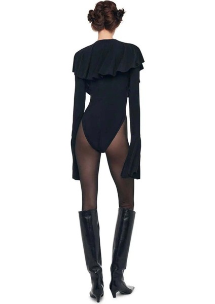 Uzun Kollu Derin V Yaka Ruffle Bodysuit - Şık ve Rahat Tasarım fiyatları