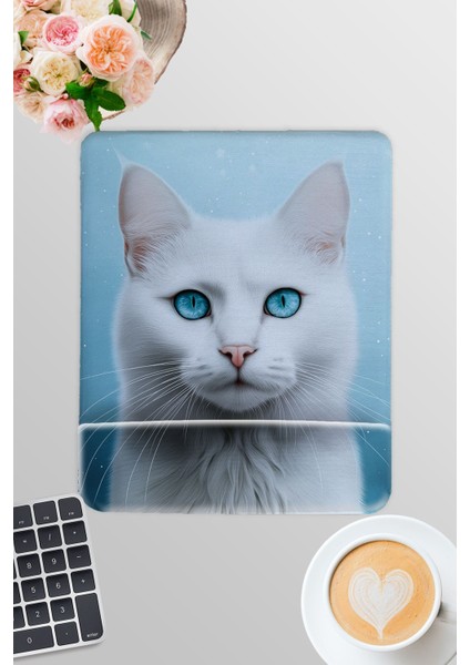 Beyaz Kedi Kış Temalı No:4 Oyuncu Gaming Dikdörtgen Bilek Destekli Mousepad