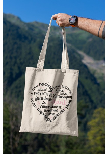 Aunt Heart Shape Baskılı Hala Teyze Hediyelik Bej %100 Pamuklu Ham Bez Bej Çanta