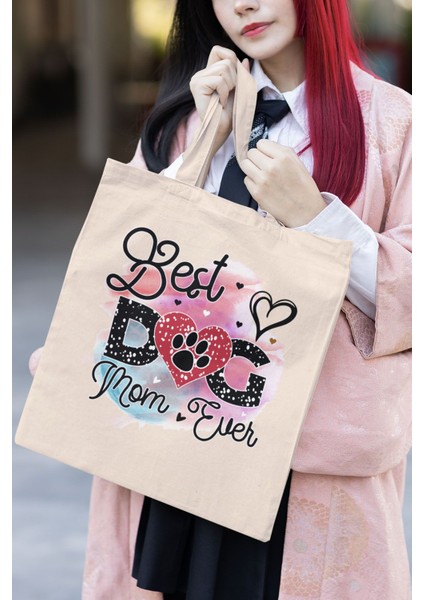 Best Dog Mom Ever No:3 Baskılı Anneler Günü Hediyelik Bej %100 Pamuklu Ham Bez Bej Çanta