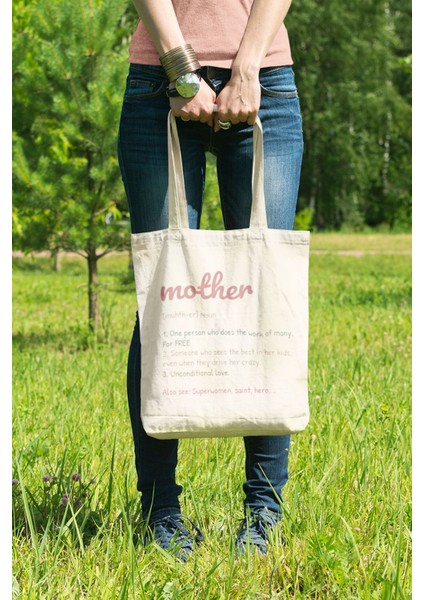 Mother Sözlük Baskılı Anneler Günü Hediyelik Bej %100 Pamuklu Ham Bez Bej Çanta