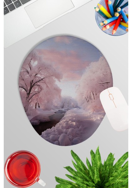 Pembe Kış Ağaçları Oyuncu Gaming Oval Bilek Destekli Mousepad