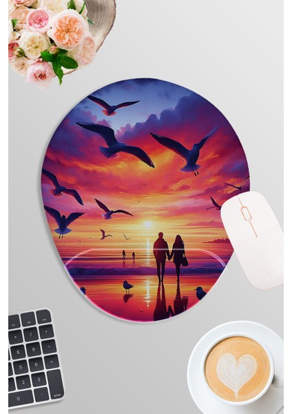 Deniz Günbatımı Sunset Baskılı Oyuncu Gaming Oval Bilek Destekli Mousepad