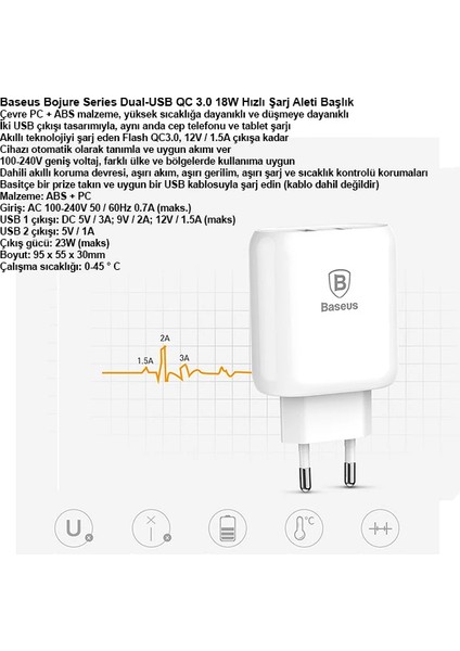 Baseus Bojure Series Dual-Usb Qc 3.0 18W Hızlı Şarj Aleti BAŞLIK-(1903) - KA2965-3611 modelleri