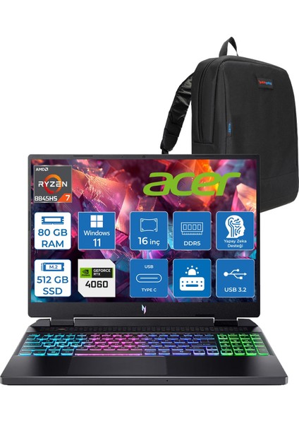Nitro 16 AN16-42 Amd R7 8845HS Aı 80GB Ddr5 512GB SSD 8GB/RTX4060 140W 16" Wuxga 180Hz IPS Windows 11 Pro Taşınabilir Bilgisayar NHQSKEY004P22+ZETTAÇANTA