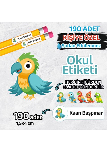 Okul Etiketi Isme Özel Kalem Defter Etiketi Papağan Temalı 190 Adet