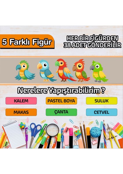 Okul Etiketi Isme Özel Kalem Defter Etiketi Papağan Temalı 190 Adet fiyatları