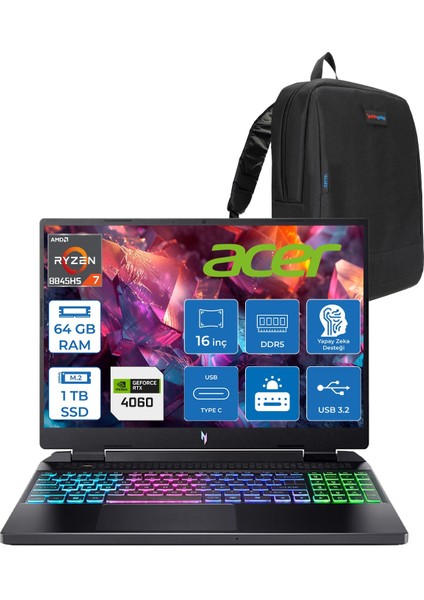Nitro 16 AN16-42 Amd R7 8845HS Aı 64GB Ddr5 1tb SSD 8GB/RTX4060 140W 16" Wuxga 180Hz IPS Freedos Taşınabilir Bilgisayar NHQSKEY004F18+ZETTAÇANTA