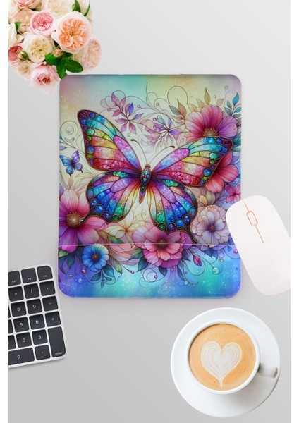 Renkli Kelebek Temalı Hediyelik Baskılı Oyuncu Gaming Dikdörtgen Bilek Destekli Mousepad