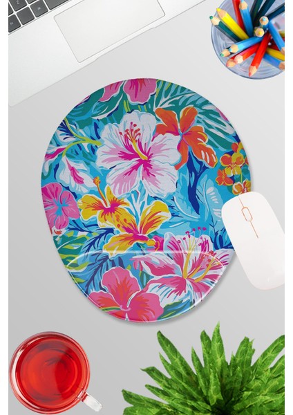 Renkli Tropik Temalı Oyuncu Gaming Oval Bilek Destekli Mousepad