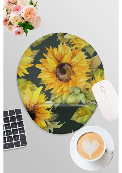 Doğa Temalı Ayçiçekleri Baskılı Oyuncu Gaming Oval Bilek Destekli Mousepad