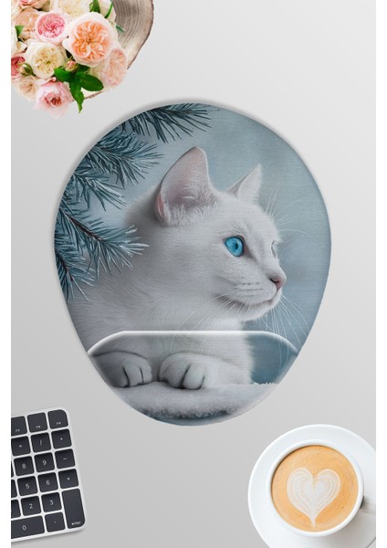 Beyaz Kedi Kış Temalı No:1 Oyuncu Gaming Oval Bilek Destekli Mousepad