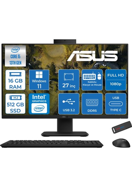 V470VAK Intel Core İ5-13420H 16GB Ddr5 512GB SSD 27'' Fhd 100Hz 300NITS Windows 11 Home Siyah Allınone Bilgisayar ASI58512B0DH02+ZETTAUSBBELLEK