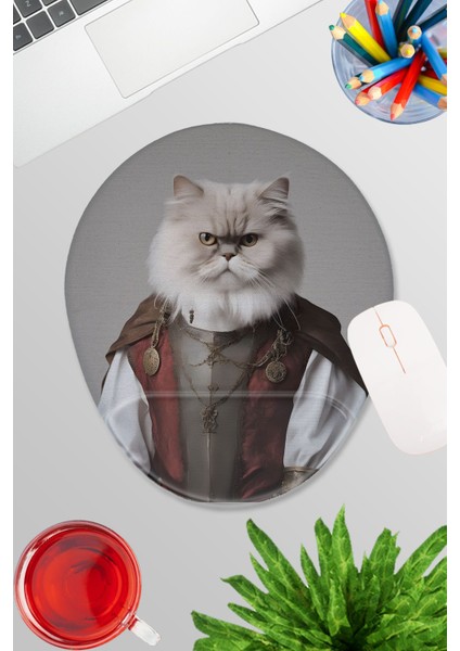 Ortaçağ Kostümlü Kediler No:3 Oyuncu Gaming Oval Bilek Destekli Mousepad