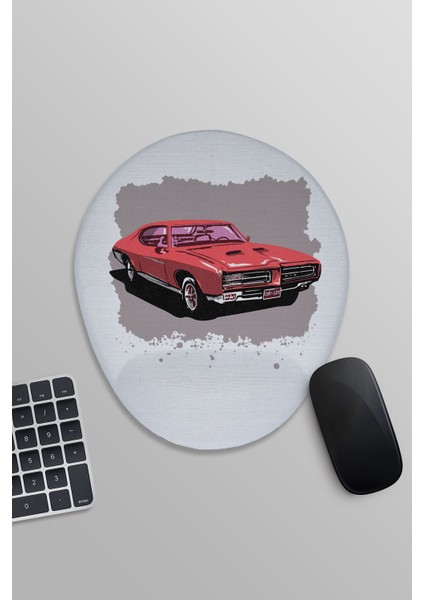 Retro Ilüstrasyon Araba Baskılı Oval Bilek Destekli Mousepad