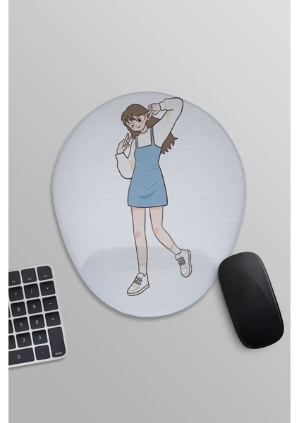 Sevimli Kız Ilüstrasyon Baskılı Oval Bilek Destekli Mousepad