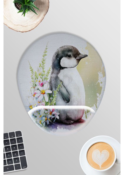 Sevimli Penguen Baskılı No:1 Oyuncu Gaming Oval Bilek Destekli Mousepad