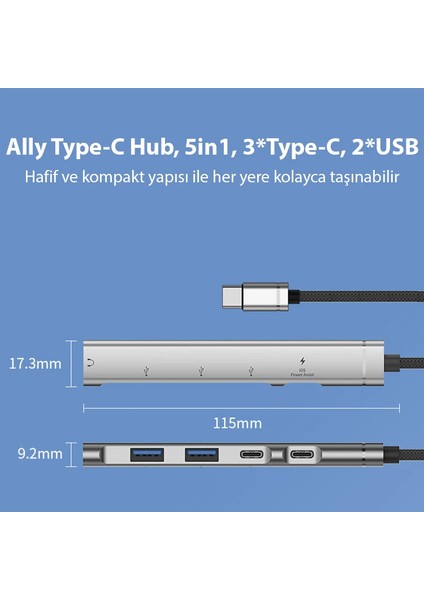 Ally HB01 5ın1 Type C Dönüştürücü Adaptör Hub ÇOKLAYICI-(1903) - KA5571-1647