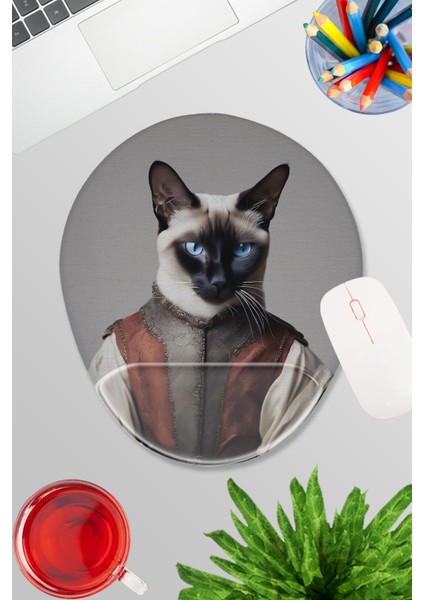 Ortaçağ Kostümlü Kediler No:4 Oyuncu Gaming Oval Bilek Destekli Mousepad