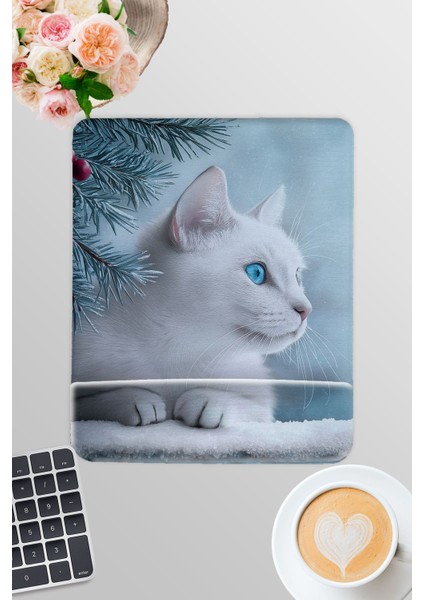 Beyaz Kedi Kış Temalı No:1 Oyuncu Gaming Dikdörtgen Bilek Destekli Mousepad