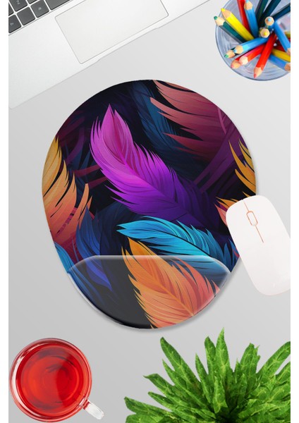 Renkli Tüyler No:2 Baskılı Oyuncu Gaming Oval Bilek Destekli Mousepad
