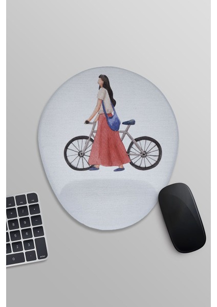 Bisikletli Kız Ilüstrasyon Baskılı Oval Bilek Destekli Mousepad