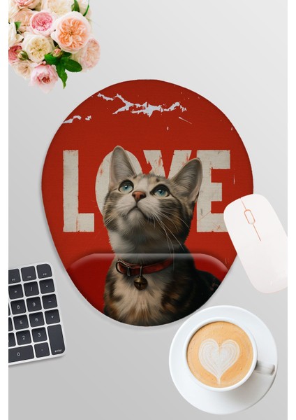Sevimli Kediler No:3 Love Baskılı Oyuncu Gaming Oval Bilek Destekli Mousepad