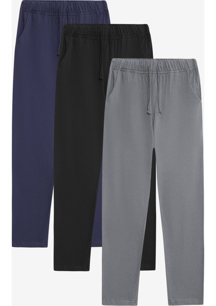 %100 Pamuk 3'lü Erkek Pijama Altı Siyah-Gri-Lacivert Süprem Cepli Ipli Rahat Kalıp Terletmez Esnek