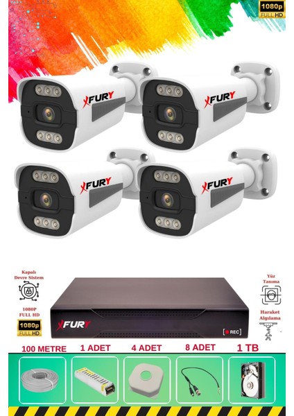4 Kameralı 6 Warm LED Gece Renkli Görüş-Cepten Izle-Su Geçirmez Güvenlik Kamerası Seti 1tb