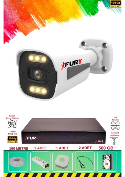 1 Kameralı 6 Warm LED Gece Renkli Görüş-Cepten Izle-Su Geçirmez Güvenlik Kamerası Seti 500GB