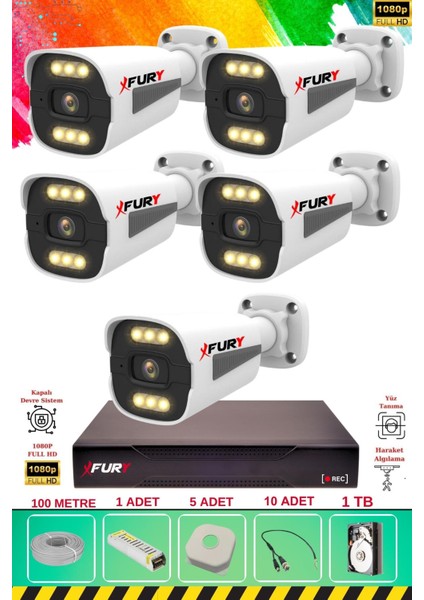 5 Kameralı 6 Warm LED Gece Renkli Görüş-Cepten Izle-Su Geçirmez Güvenlik Kamerası Seti 1tb