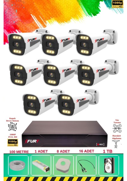 8 Kameralı 6 Warm LED Gece Renkli Görüş-Cepten Izle-Su Geçirmez Güvenlik Kamerası Seti 1tb