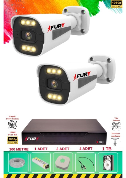2 Kameralı 6 Warm LED Gece Renkli Görüş-Cepten Izle-Su Geçirmez Güvenlik Kamerası Seti 1tb