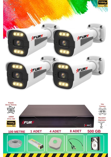 4 Kameralı 6 Warm LED Gece Renkli Görüş-Cepten Izle-Su Geçirmez Güvenlik Kamerası Seti 500GB