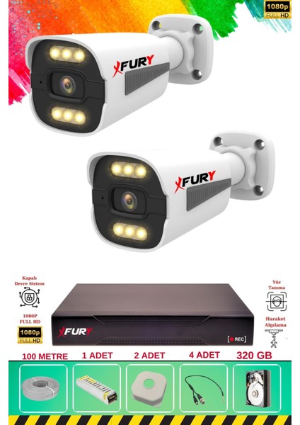 2 Kameralı 6 Warm LED Gece Renkli Görüş-Cepten Izle-Su Geçirmez Güvenlik Kamerası Seti 320GB