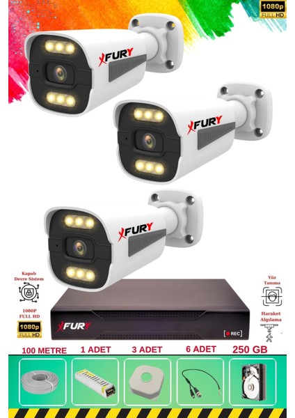 3 Kameralı 6 Warm LED Gece Renkli Görüş-Cepten Izle-Su Geçirmez Güvenlik Kamerası Seti 250GB