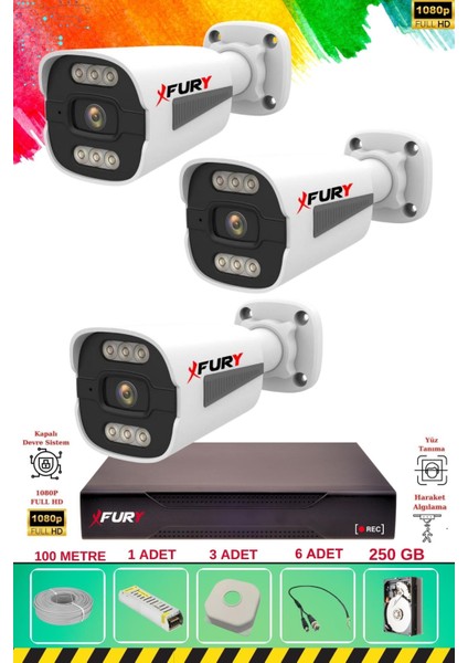 3 Kameralı 6 Warm LED Gece Renkli Görüş-Cepten Izle-Su Geçirmez Güvenlik Kamerası Seti 250GB