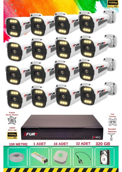 16 Kameralı 6 Warm LED Gece Renkli Görüş-Cepten Izle-Su Geçirmez Güvenlik Kamerası Seti 320GB