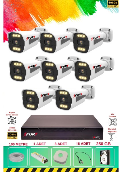 8 Kameralı 6 Warm LED Gece Renkli Görüş-Cepten Izle-Su Geçirmez Güvenlik Kamerası Seti 250GB