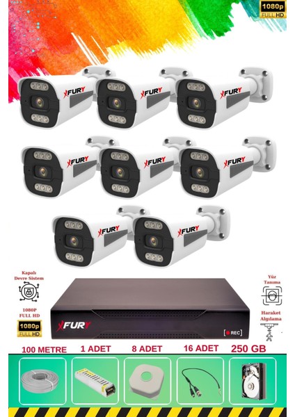8 Kameralı 6 Warm LED Gece Renkli Görüş-Cepten Izle-Su Geçirmez Güvenlik Kamerası Seti 250GB fiyatları