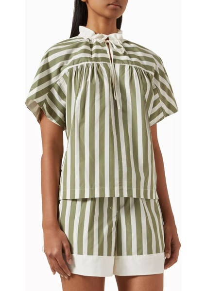 Yeşil Çizgili Bağcıklı Yaka Bluz Pamuk Ipek Rahat Şıklık