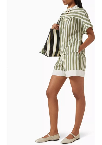 Yeşil Çizgili Bağcıklı Yaka Bluz Pamuk Ipek Rahat Şıklık fiyatları