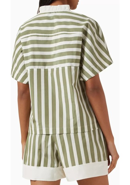 Yeşil Çizgili Bağcıklı Yaka Bluz Pamuk Ipek Rahat Şıklık modelleri