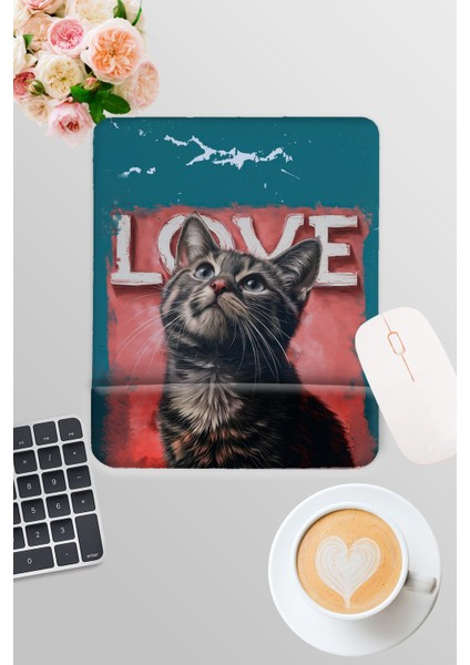 Sevimli Kediler No:4 Love Baskılı Oyuncu Gaming Dikdörtgen Bilek Destekli Mousepad