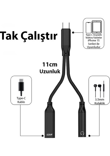 Ally Iphone 15 Için Type-C Şarj + 3.5mm Kulaklık 2in1 Çevirici ADAPTÖR-(1903 - KA8927-1309