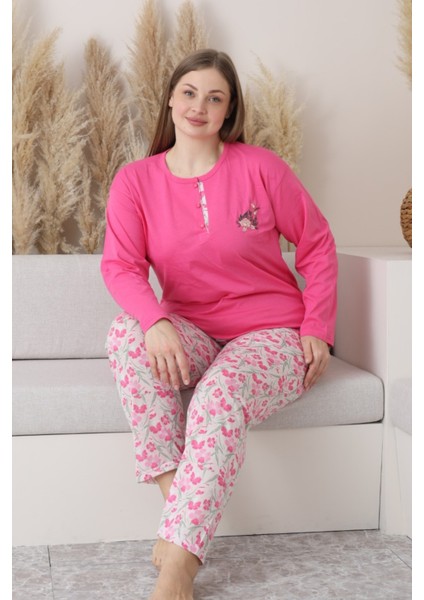 X-Dreamy Büyük Beden Pamuklu Düğmeli Yaka Uzun Kollu Penye Pijama Takımı